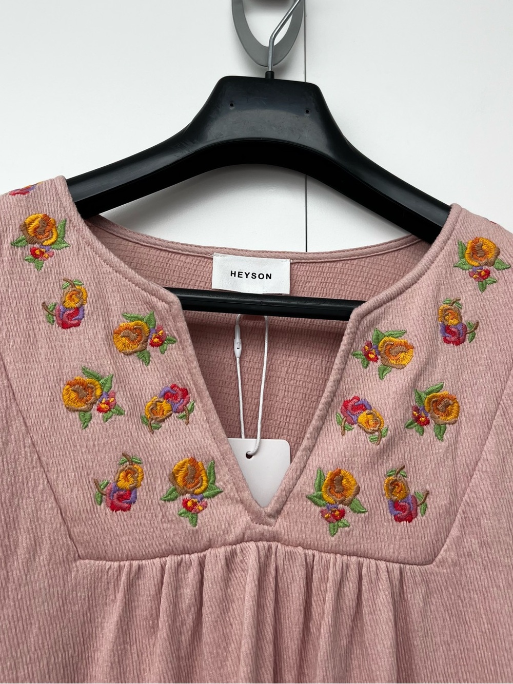 HEYSON | Pink Floral Embroidered V-Neck Short Sleeve Cottagecore Cotton Blouse - Picture 4 of 7